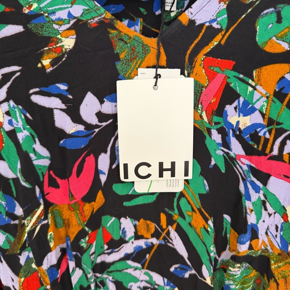 ICHI EcoVero Floral Print Short A-Line Dress Balloon Sleeve V-Neck Size 40 - Picture 6 of 11